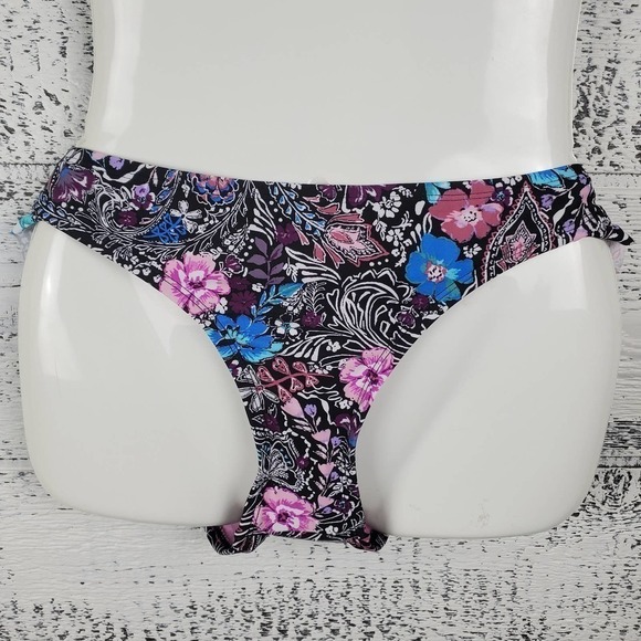 Shade & Shore Tropical Black Floral 2 Piece Swimsuit Ruffled Bikini Set - Picture 4 of 8